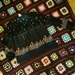 Vintage 70s Floral Blouse Elles Belles Polyester Tie Neck Navy Blue Shirt 1970s